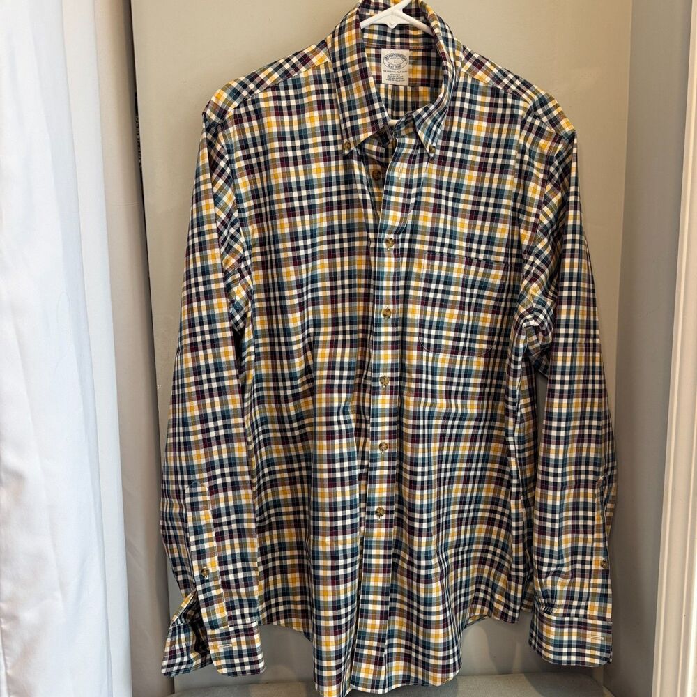 Brooks Brothers Men's Large Plaid Button Down Shirt 100% Cotton Ivy Academia